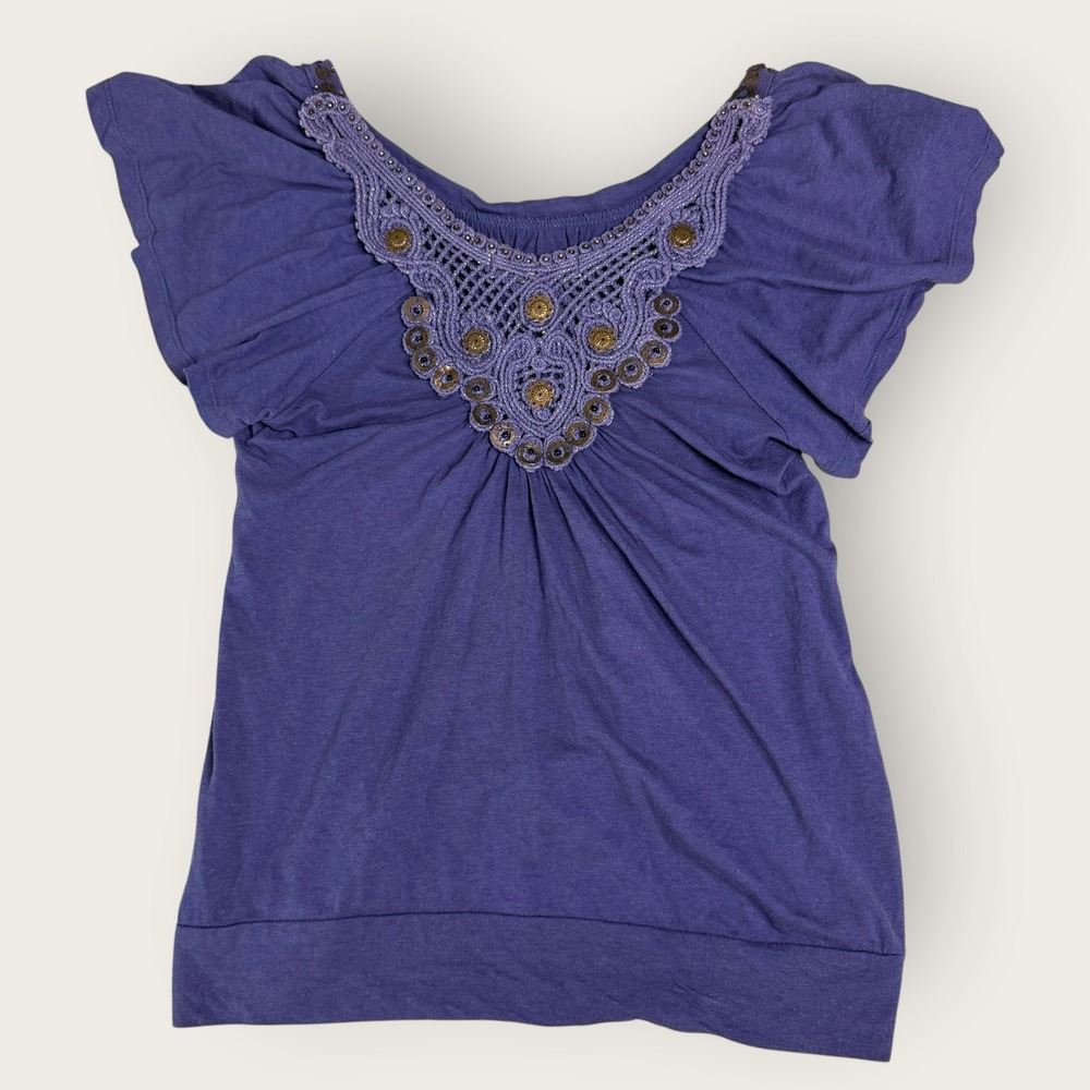 Womens American Rag Top Boho Crochet Embellished Flutter Sleeve Purple S